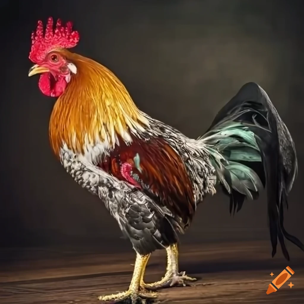 French Galo rooster with fiery crown on a farm background