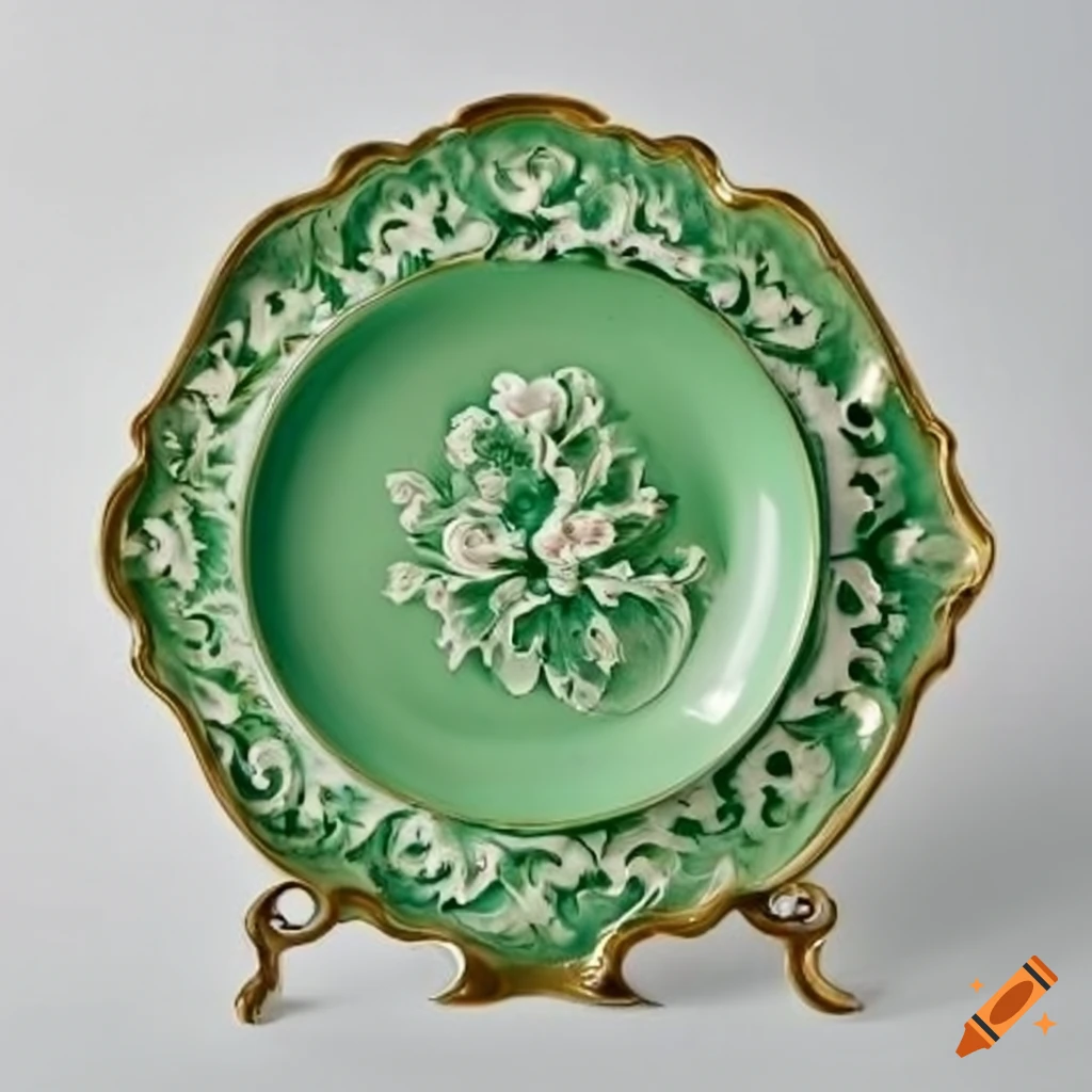 Rococo green plate with white flowers in relief design on Craiyon