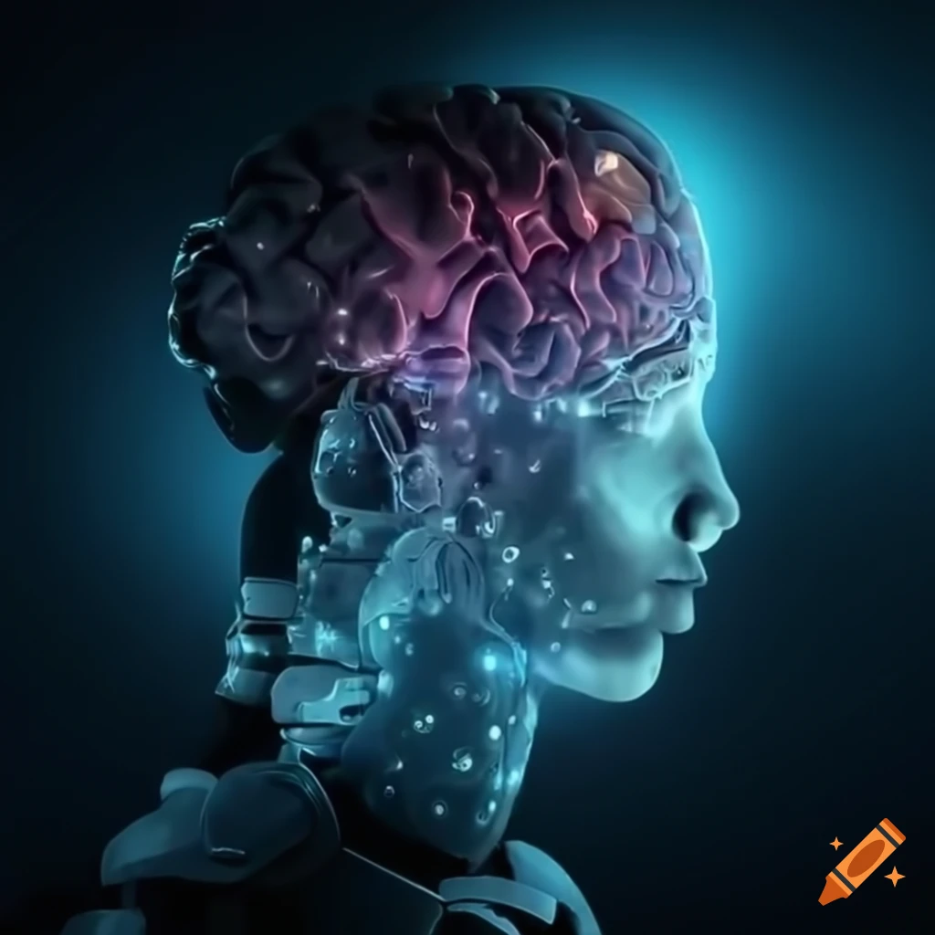AI represented by a brain and circuits shaking hands with a human in a ...