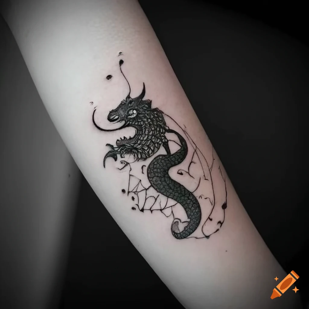 Small black tattoo of a dragon and an elephant with geometric design