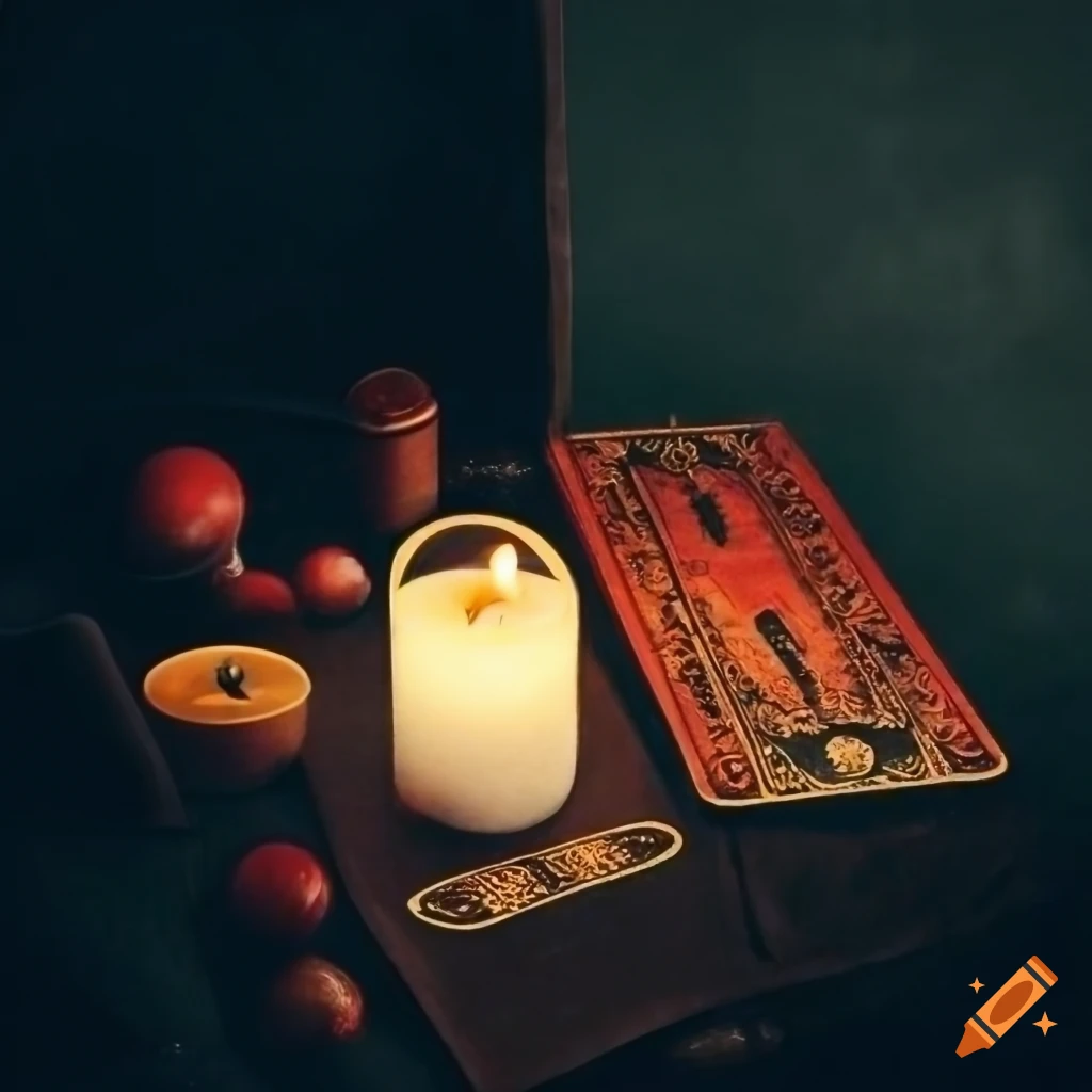 Table with black velvet tablecloth, 4 tarot cards, candle, and amulet