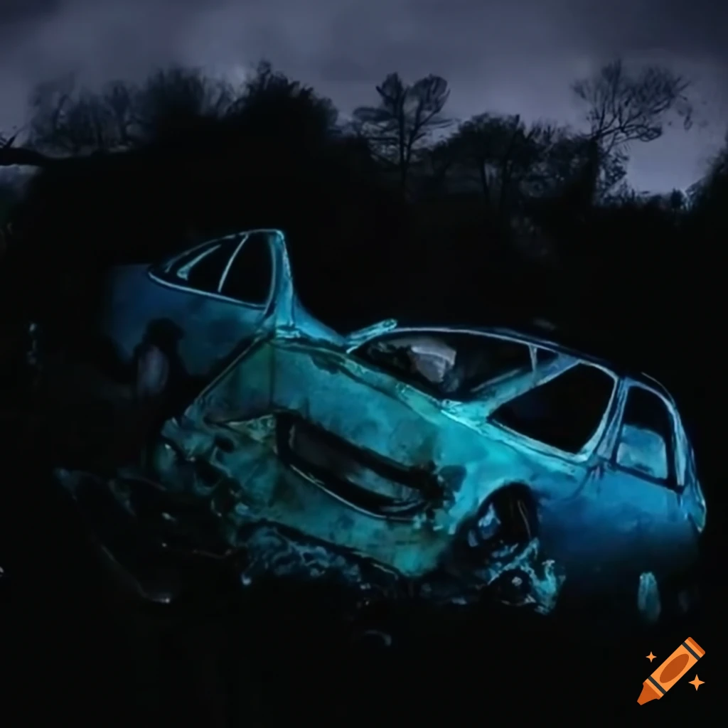 Crashed car at night in a watercolor painting