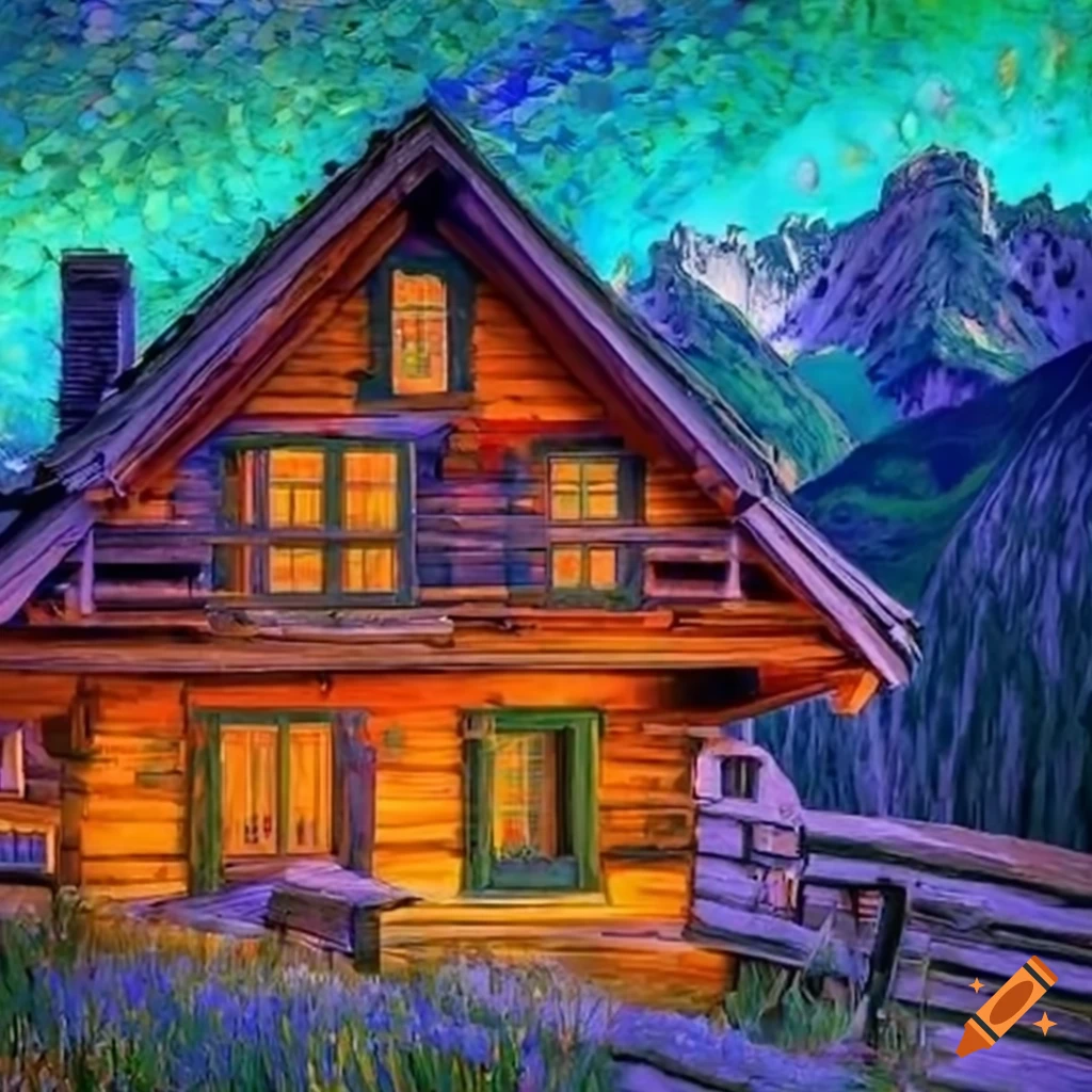 Quaint mountain chalet with vibrant Van Gogh-inspired colors