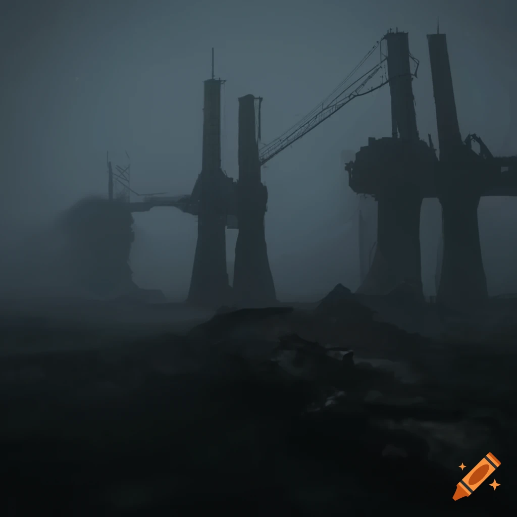 Primordial desert quarry with industrial complex in thick fog