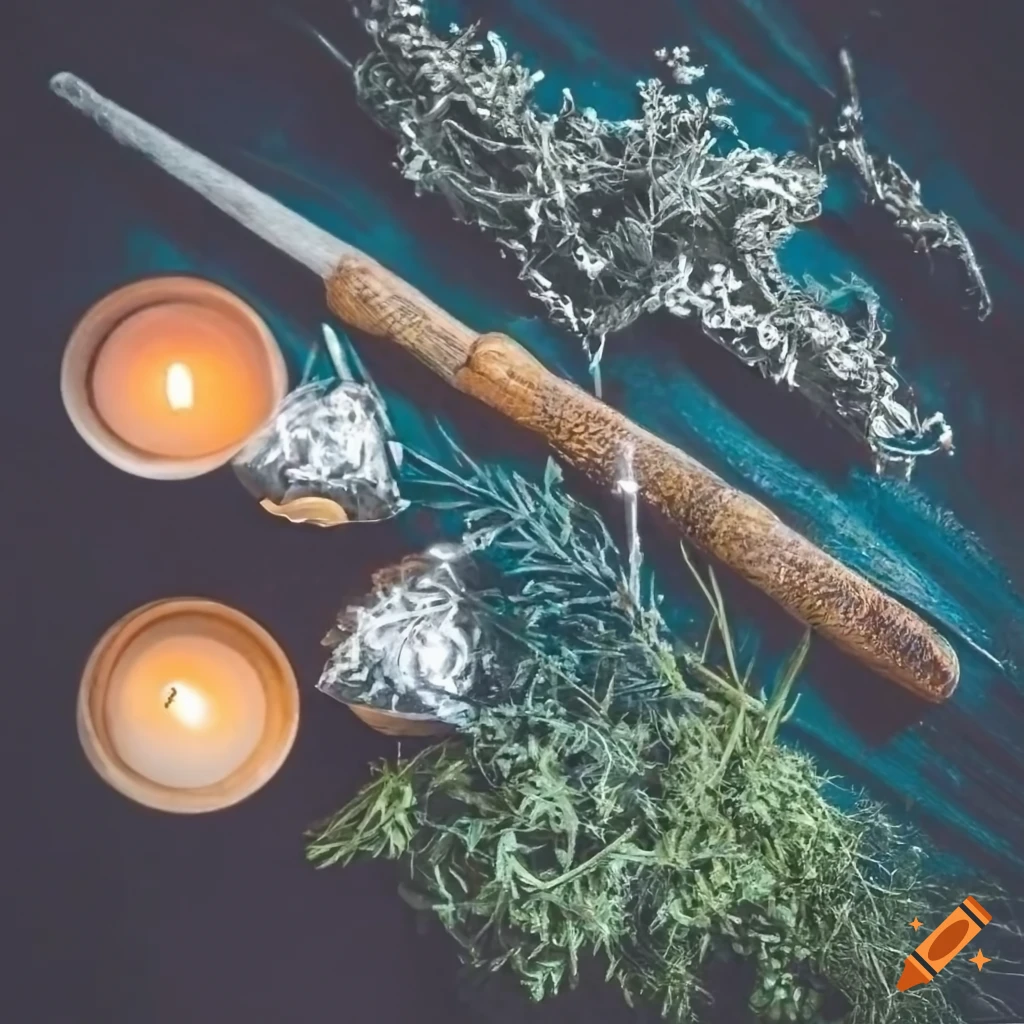 Magic wand on a rustic table with herbs and candles in dim candlelight