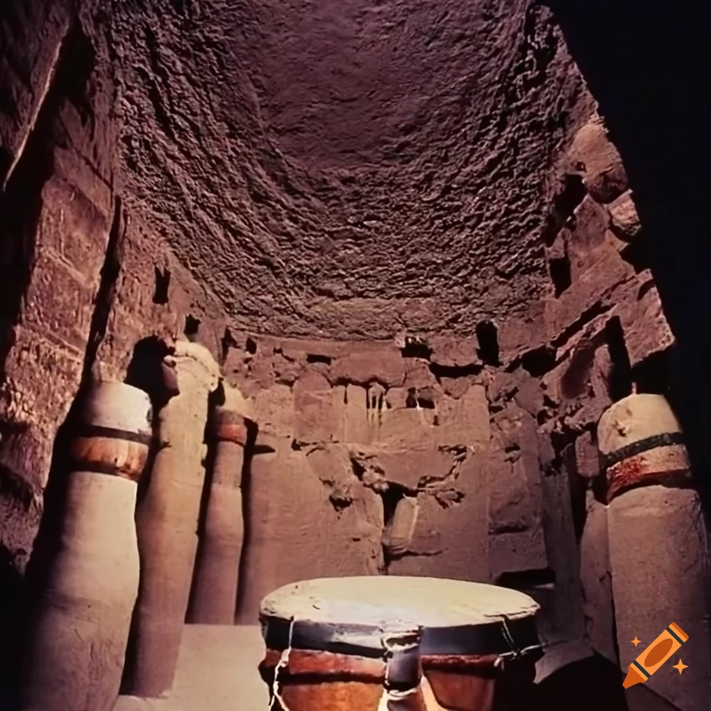 1970's documentary footage of an underground pyramid with 'bongo drums' inside an Egyptian tomb