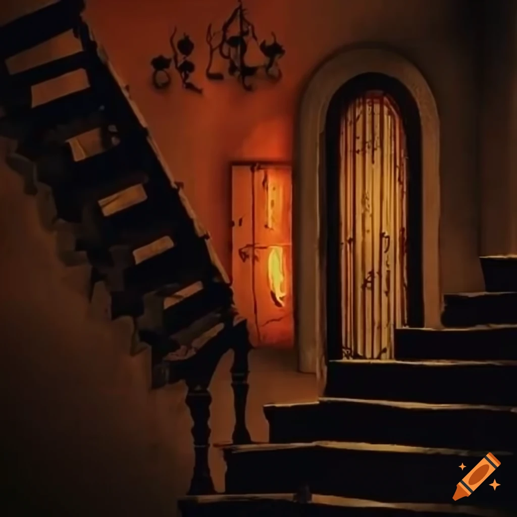 Spooky dimly lit room with stairs