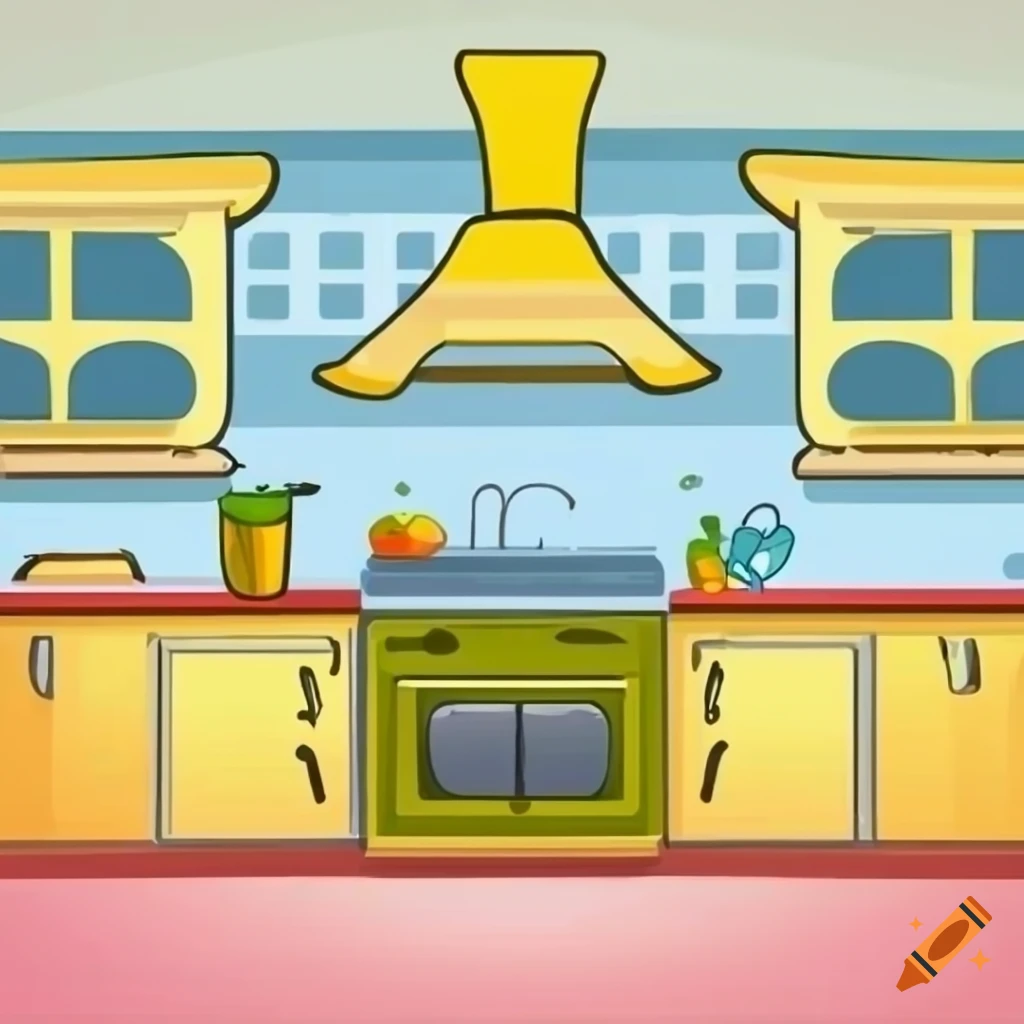 Cartoon illustration inside a kitchen on Craiyon, image size:1024x1024