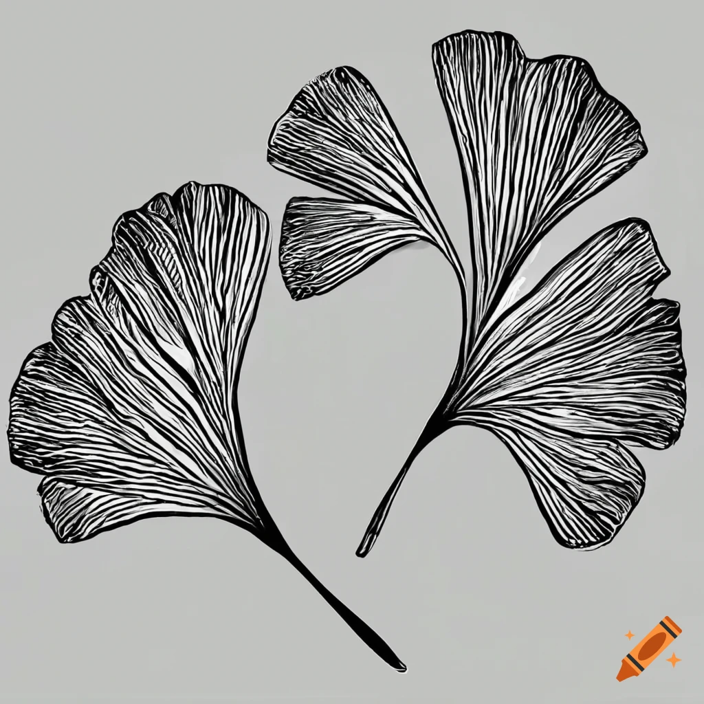Black and white drawing of a ginkgo biloba leaf on white background