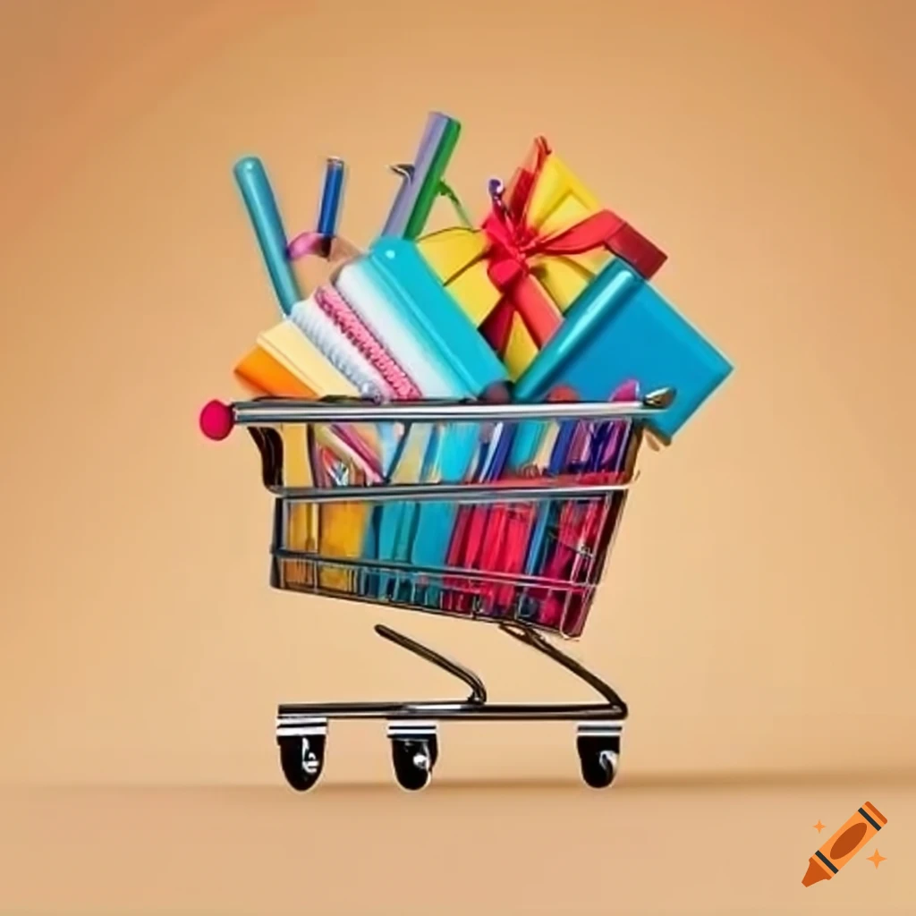 Overflown shopping cart with colorful office and school stationery and gifts