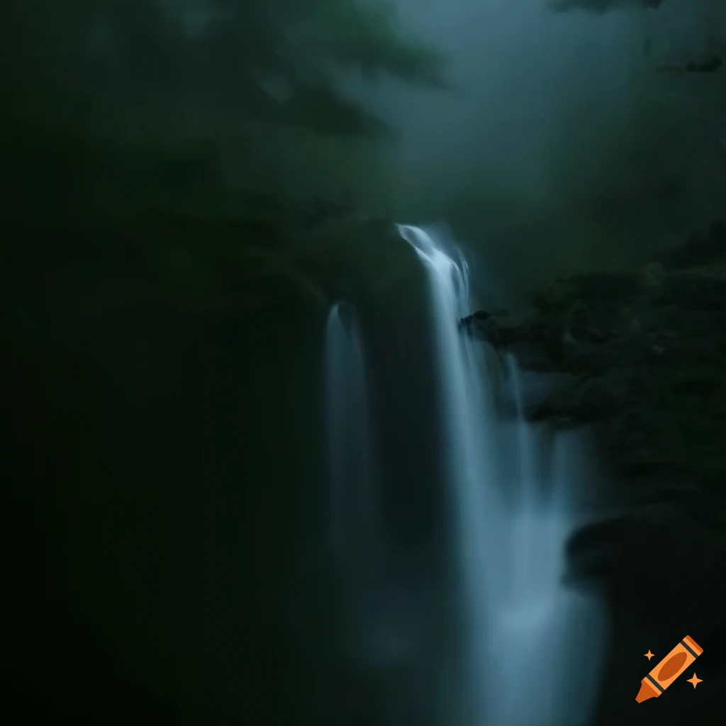 Dark mysterious figure with bright white eyes behind a foggy waterfall