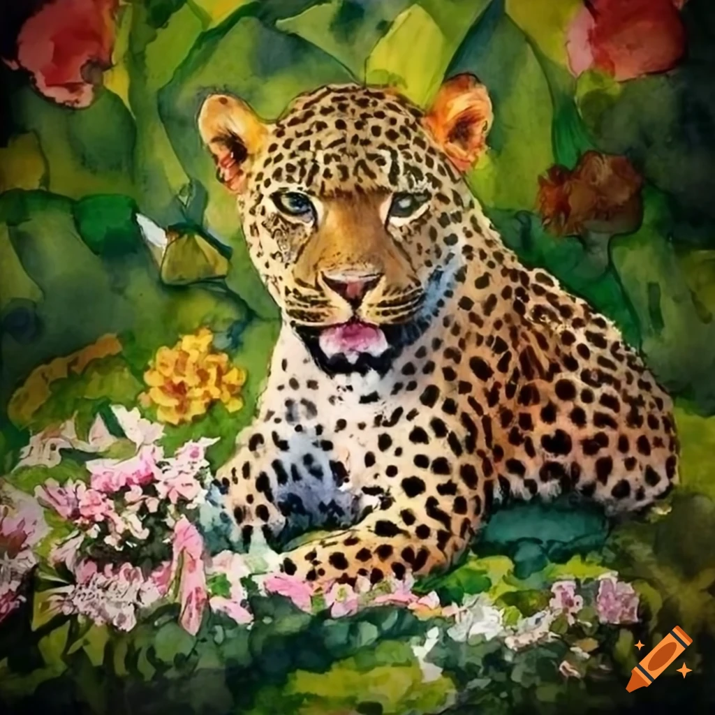 Watercolor painting of a leopard in a flower garden
