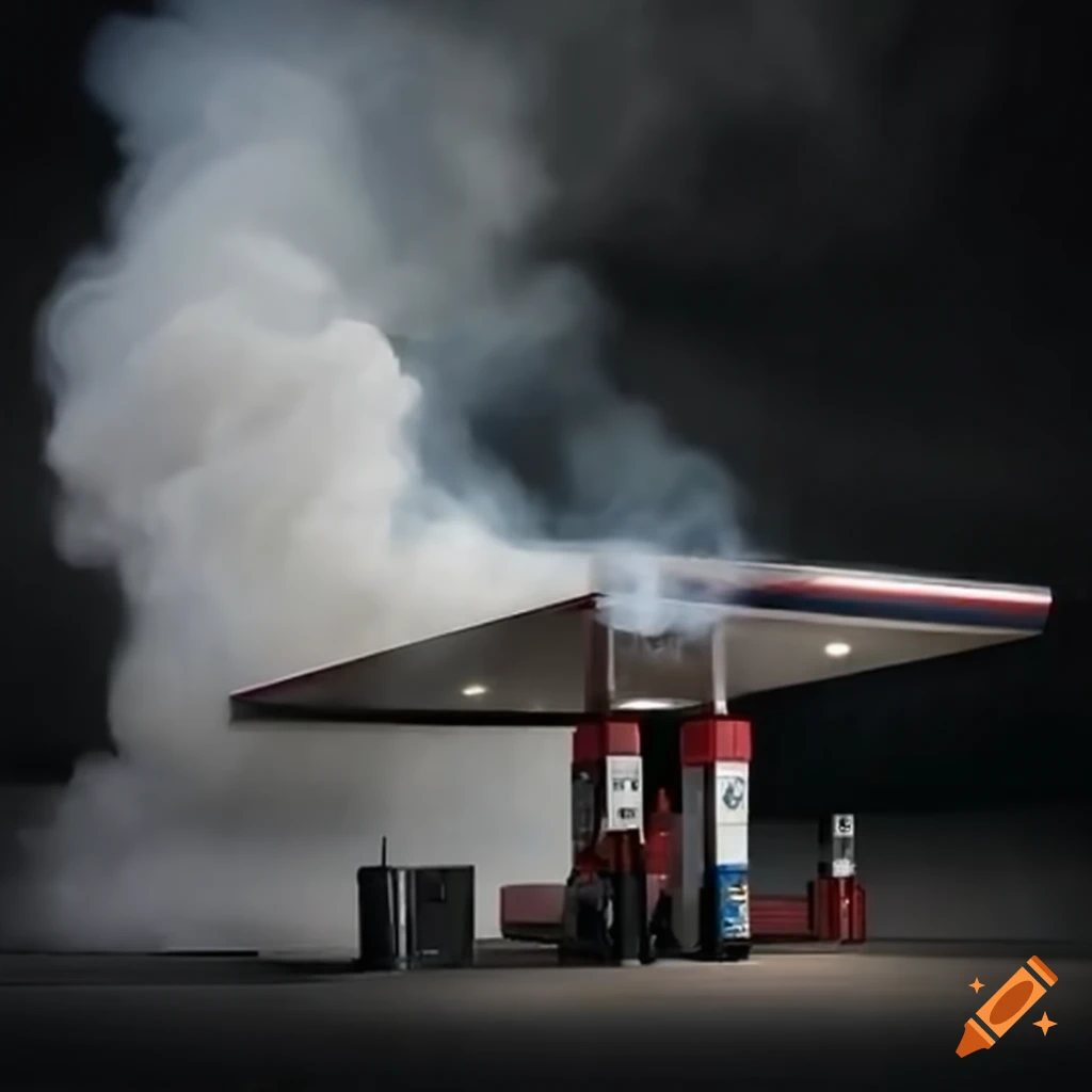 Burning gas station smoke cloud resembling a church