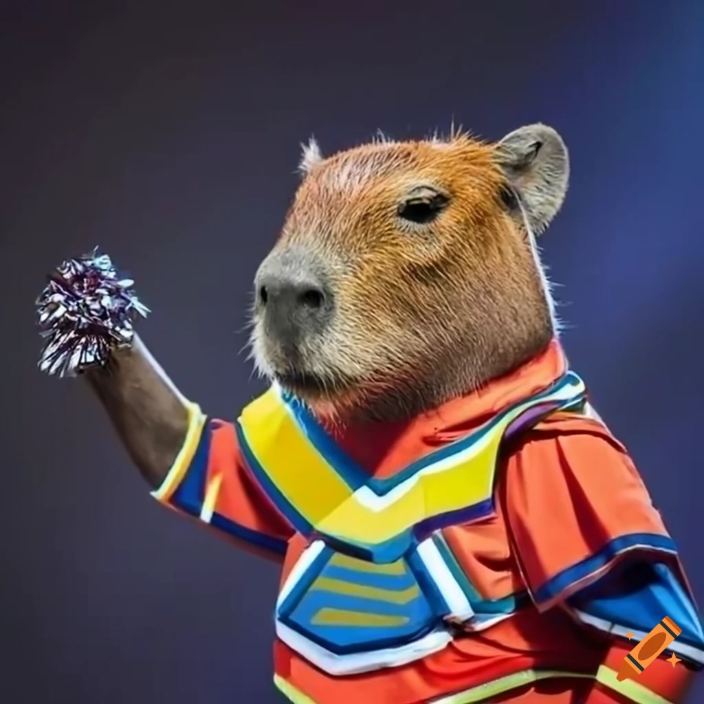 Playful capybara in a colorful cheerleading uniform under stage lights
