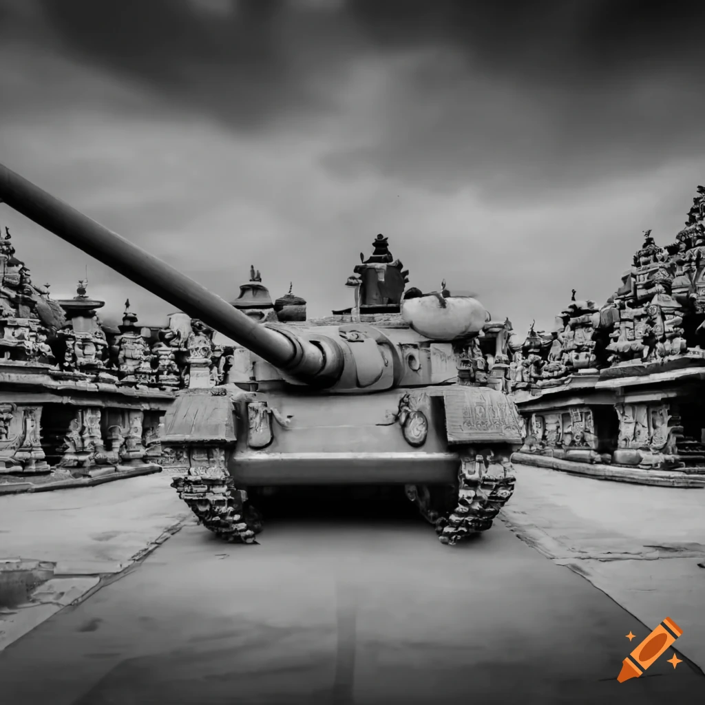 Military tank in front of a Hindu temple in black and white