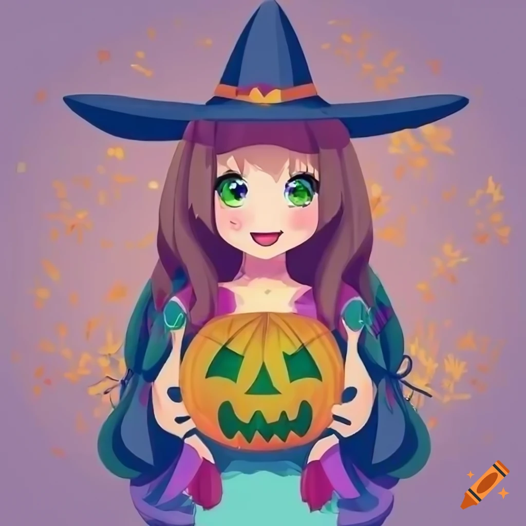 Kawaii anime witch girl with a jack o lantern in an autumn forest on ...