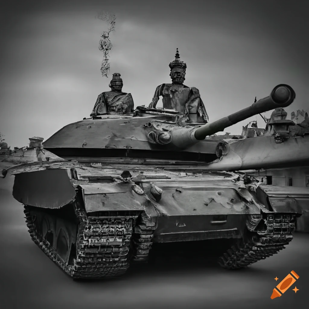 Military tank in front of a Hindu temple in black and white