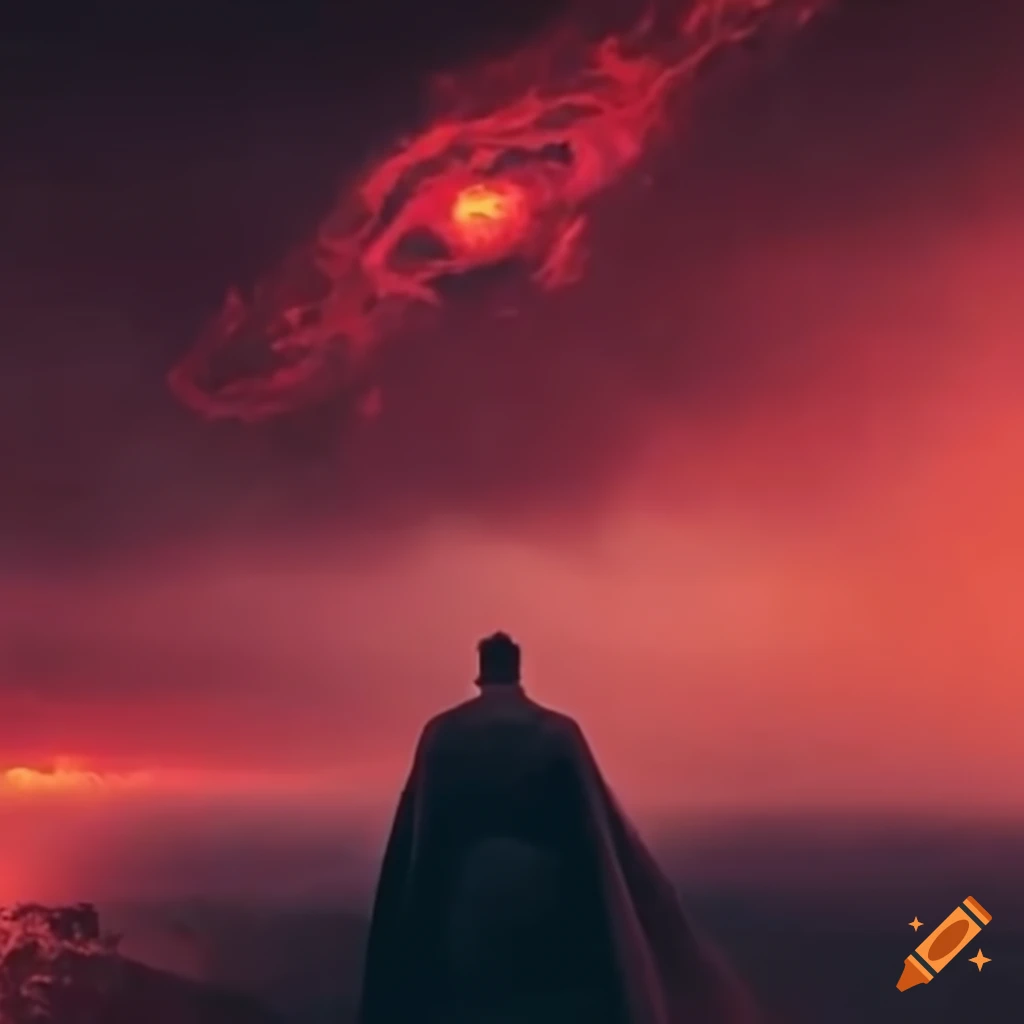 Superhero battlefield under a dark red sky, view from the ground