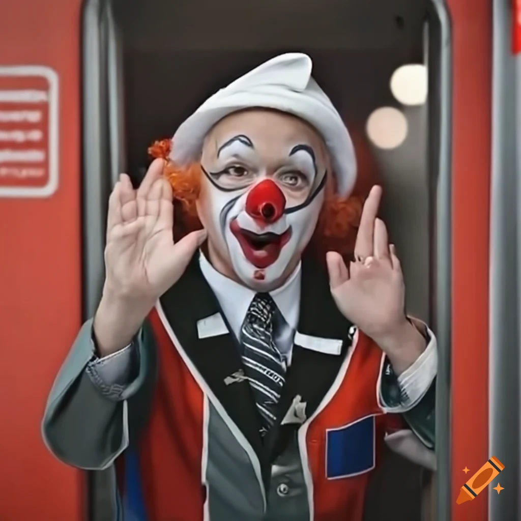 Playful clown in Deutsche Bahn uniform waving at passengers