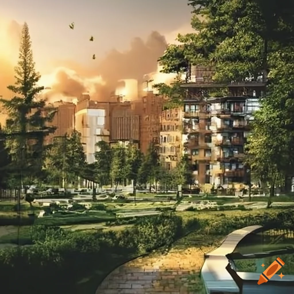 Ultra-detailed garden city in Ukraine with traditional Ukrainian houses and sustainable mobility options