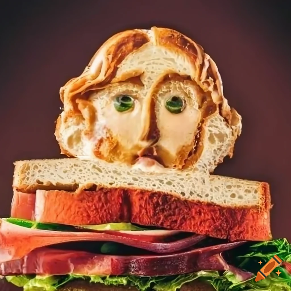 Top view of a BLT sandwich with Jesus face on bread