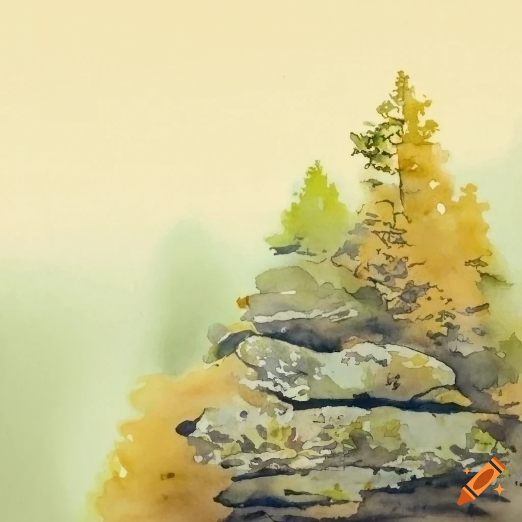 Watercolor forest with lichen-covered stones