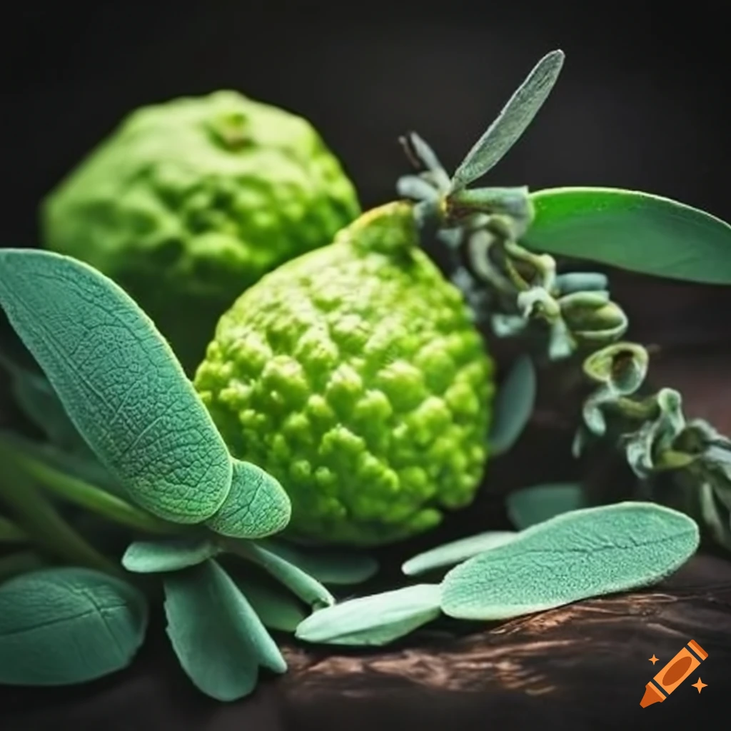 Mix of sage leaves, bergamot fruit, and juniper