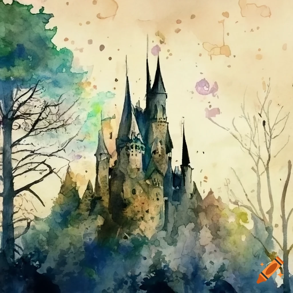 Gothic castle in a forest depicted in watercolor on Craiyon