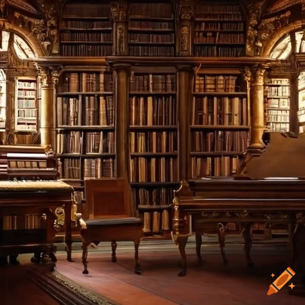 Hogwarts-style library with a distant piano in the corner