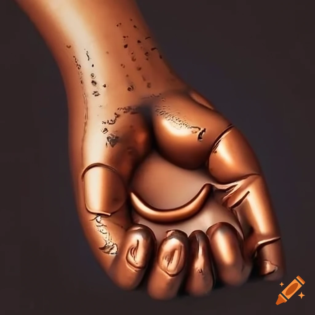 Copper shining hand showing love and peace gesture