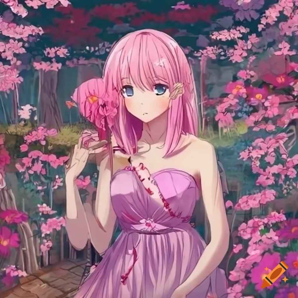 Girl with pink hair in a flower garden in an anime style on Craiyon