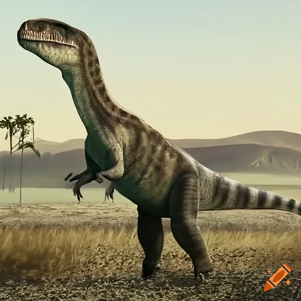 Iguanodon dinosaur walking into the distance in warm morning light