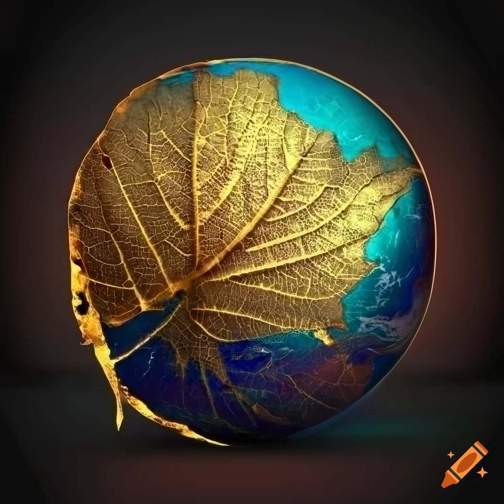 Mysterious leaf with gold veins on black background in front of colorful earth