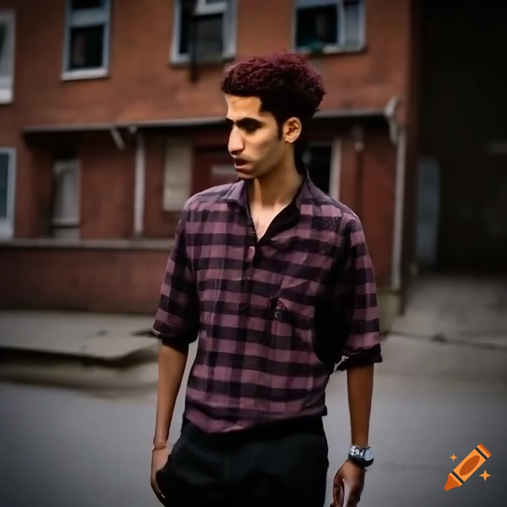 Group of men with Arab features being interviewed on a residential street