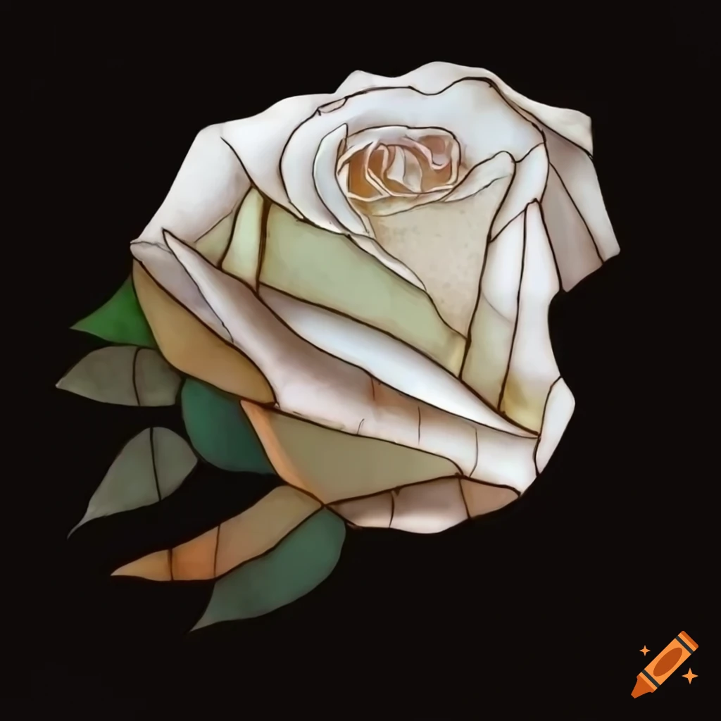 White rose surrounded by green leaves in a stained glass design