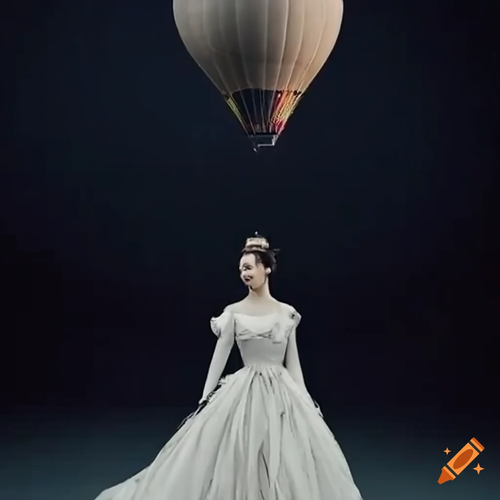 Victorian ladies observing hot air balloons and futuristic spacecraft technology