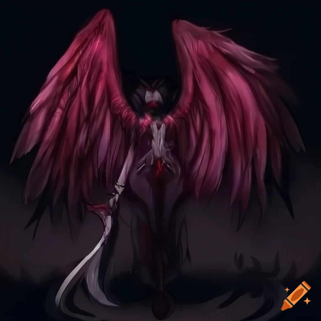 Demonic wings and feathers with scarlet blades in anime style