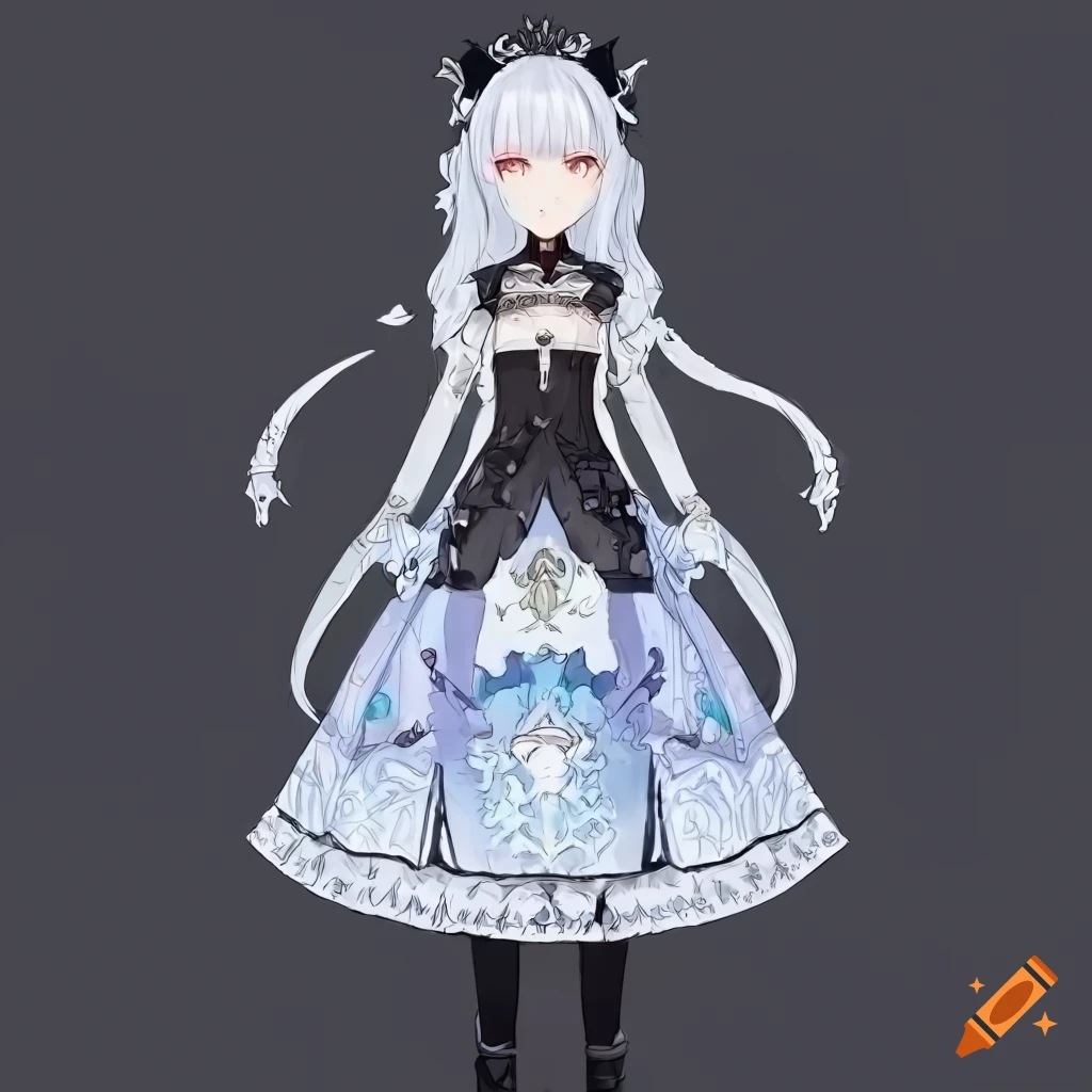 Full-body character design of a woman with white hair in gothic Lolita outfit