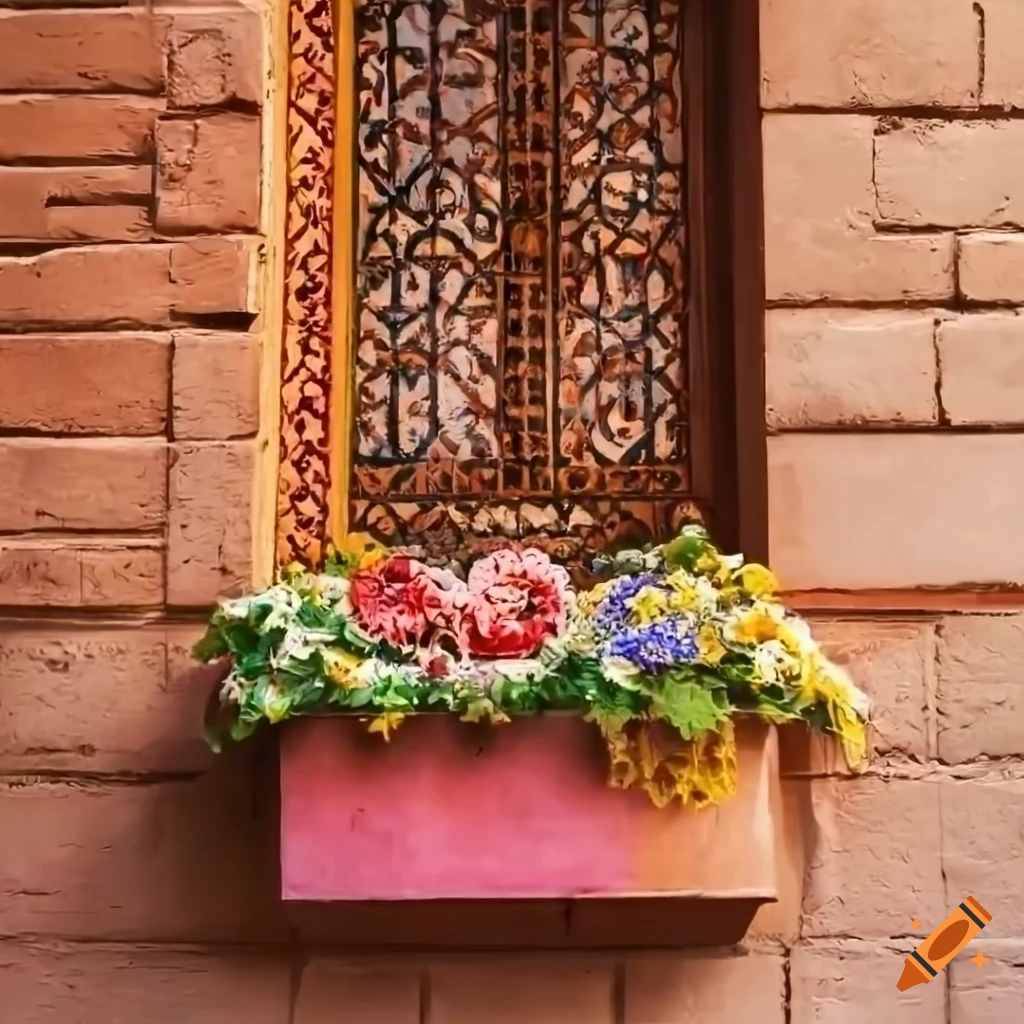 Iranian handicraft shop with traditional architecture and spring flowers
