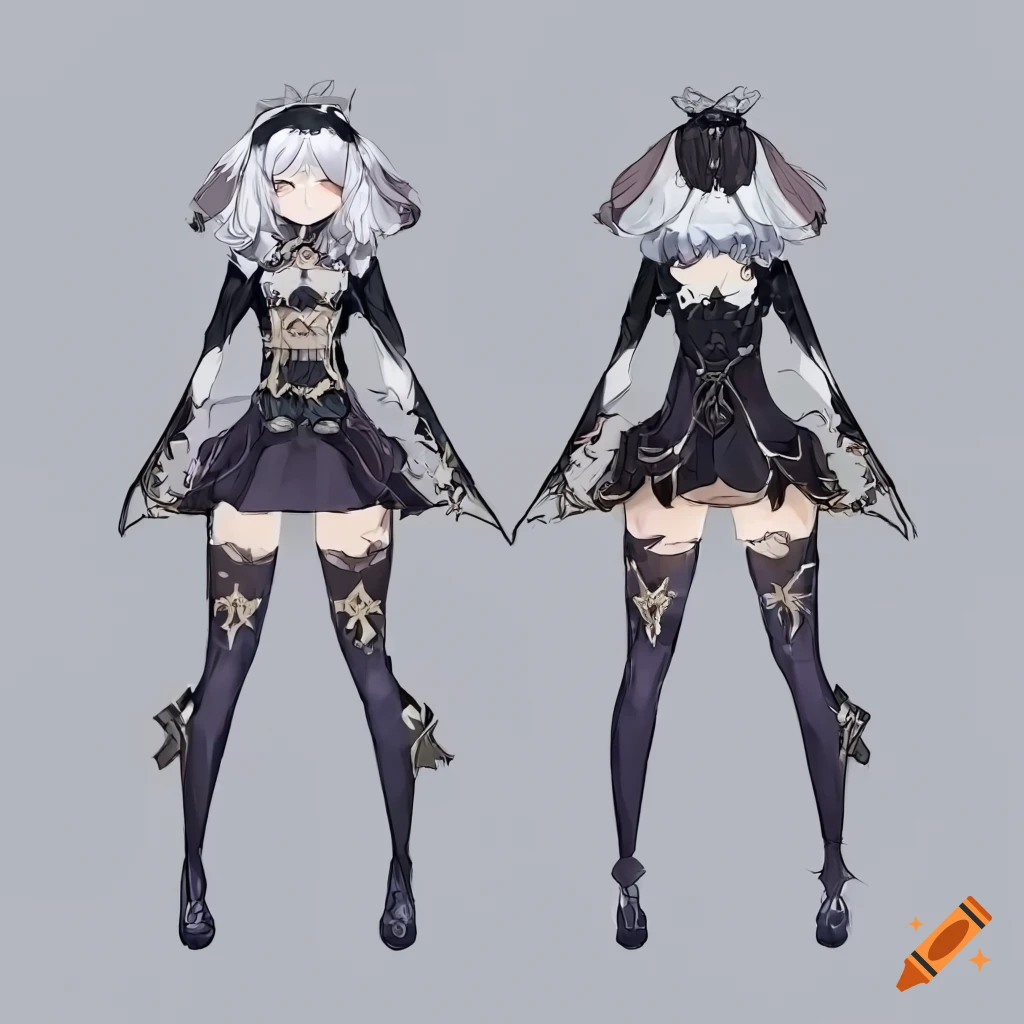 Full-body character design of a woman with white hair in gothic Lolita outfit