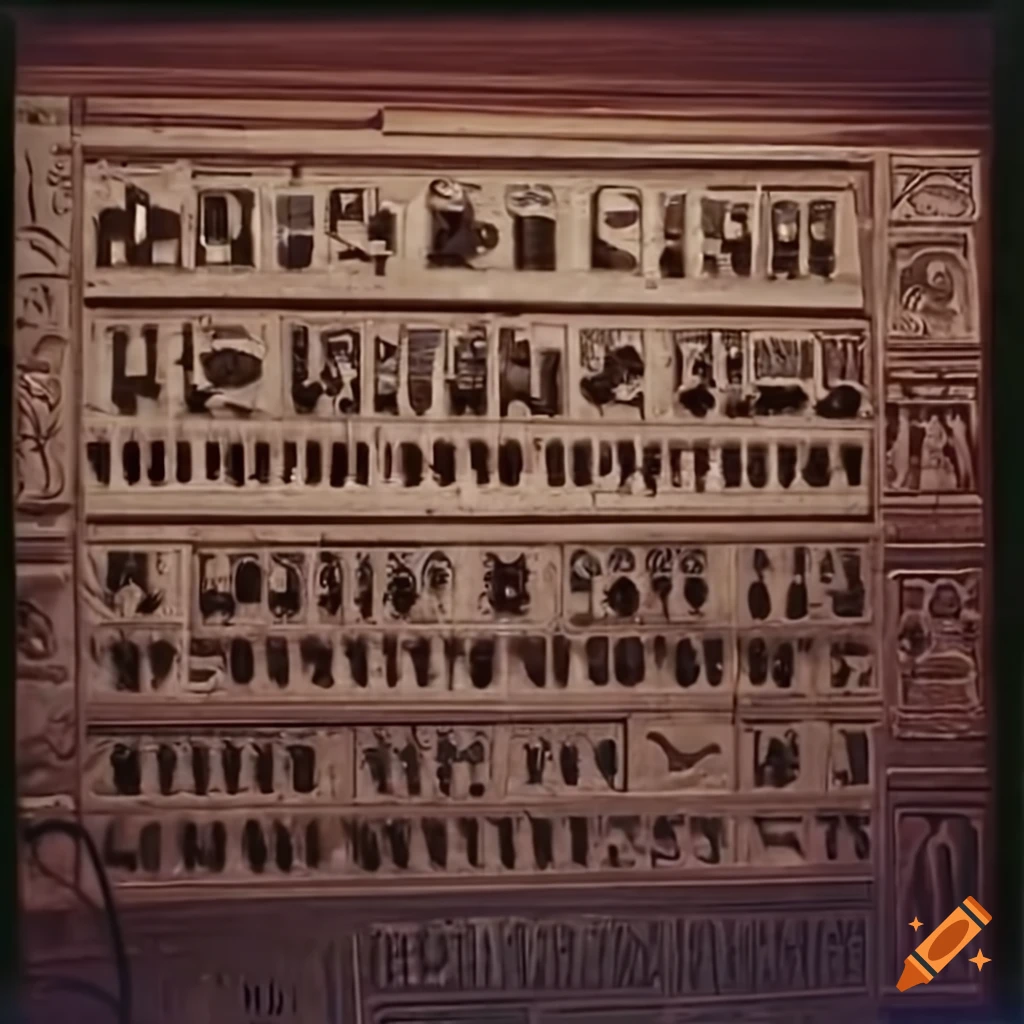 1970's documentary footage showing hieroglyphs wall and moog modular