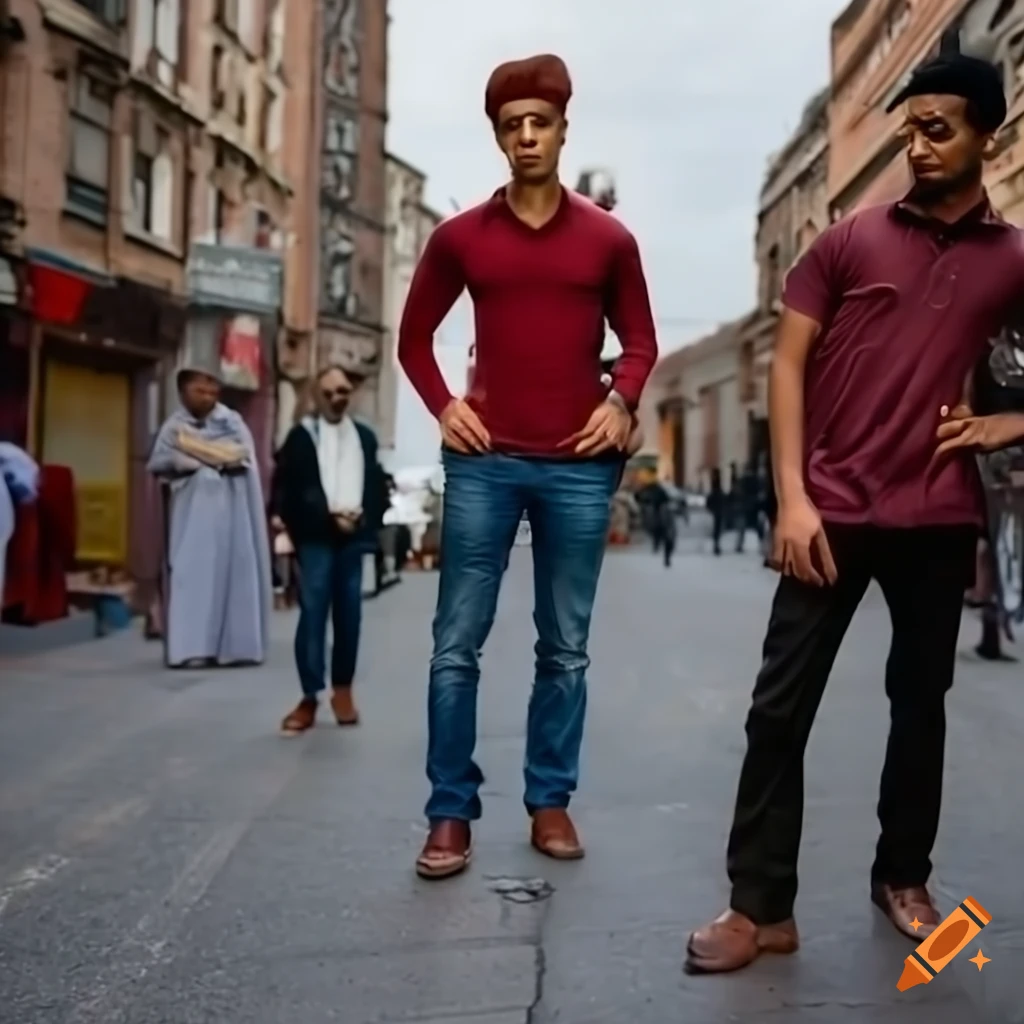 Group of men with maroon hair and Arab features being interviewed on a residential street