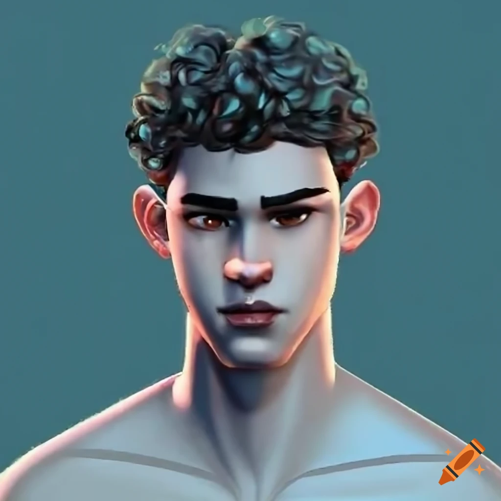 Portrait of a young male character with brown curly hair and dark brown ...