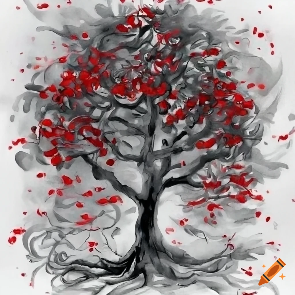 Intricate Celtic rowan tree in black ink on white background with red details