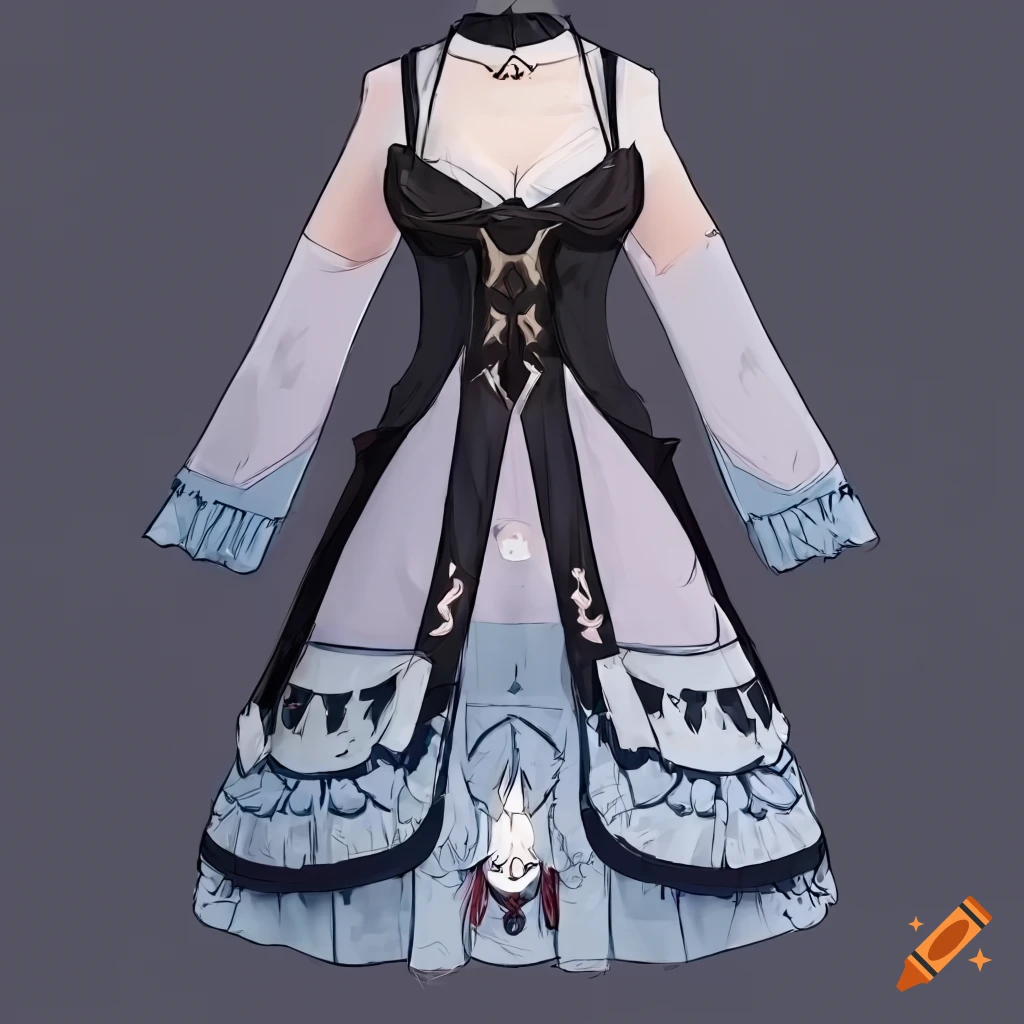 Full-body character design of a woman with white hair in gothic Lolita outfit