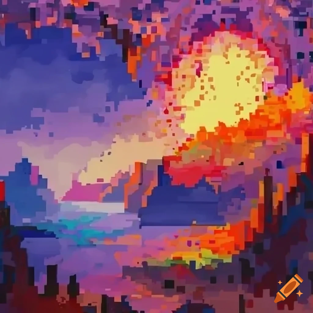 Pixel art watercolor painting of a paradisiac hell in neoclassical style with vibrant colors