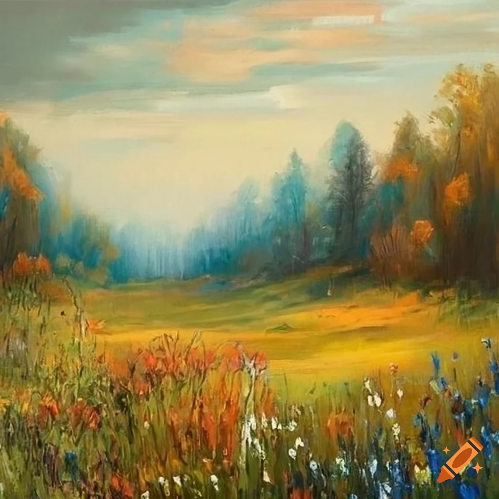 Wildflowers meadows landscape in a vintage oil painting style on Craiyon