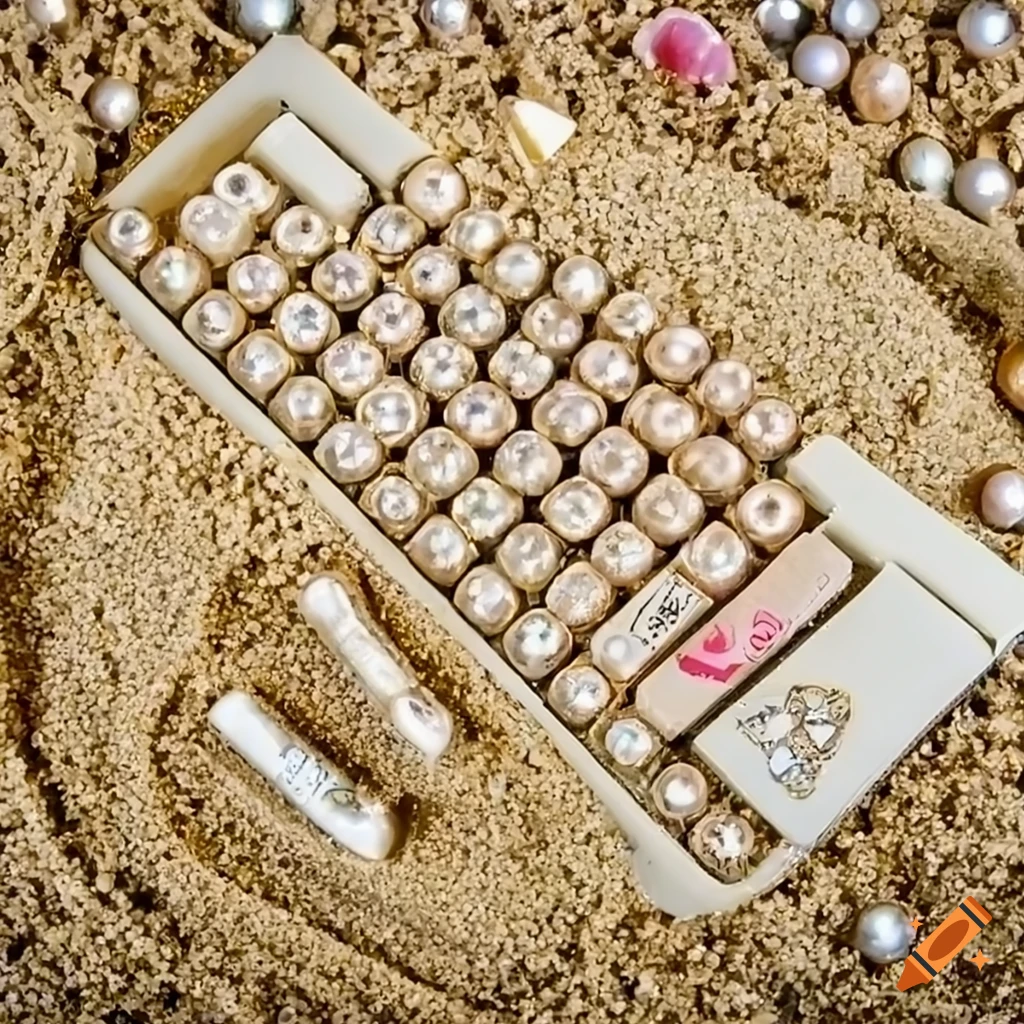 Sand-made keyboard with seashell keys and pearls, fantasy art