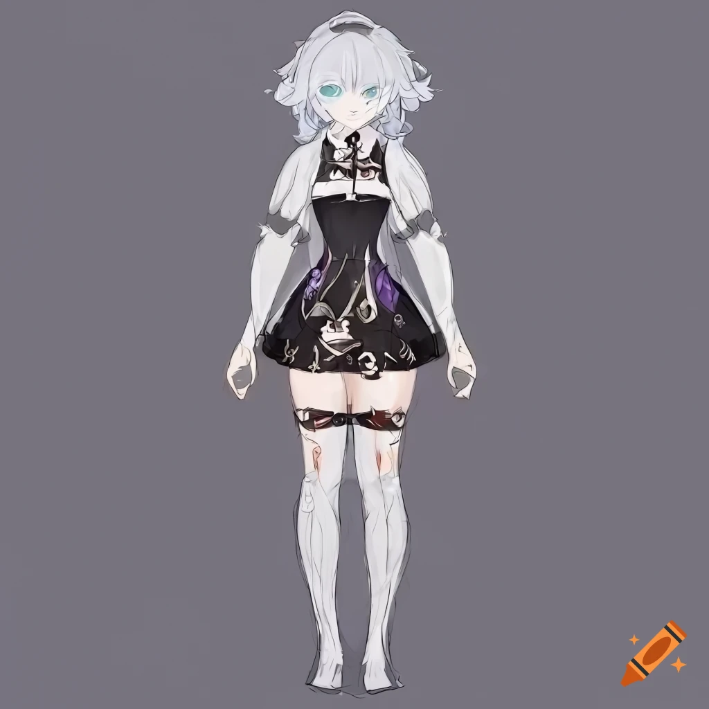 Full-body character design of a woman with white hair in gothic Lolita outfit