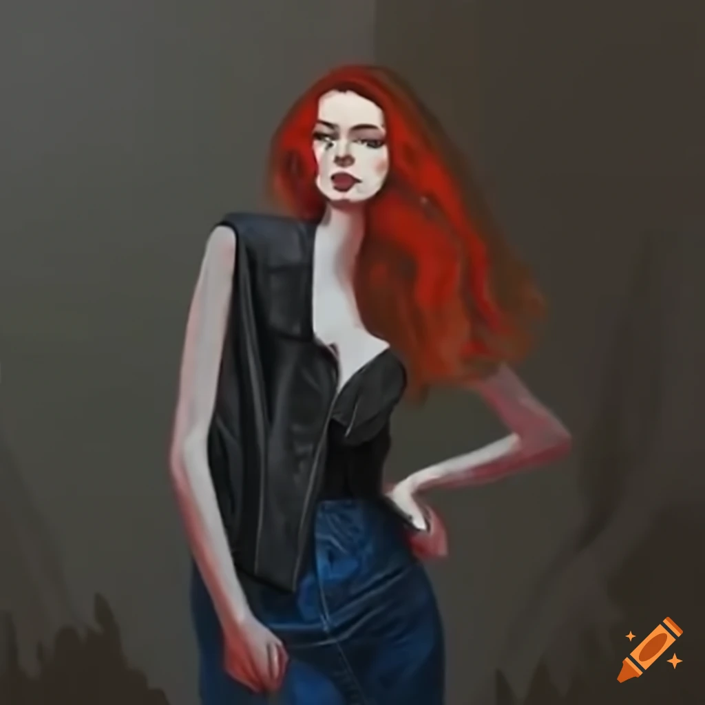 Red headed woman in dark blue jeans and black leather jacket holding a scroll